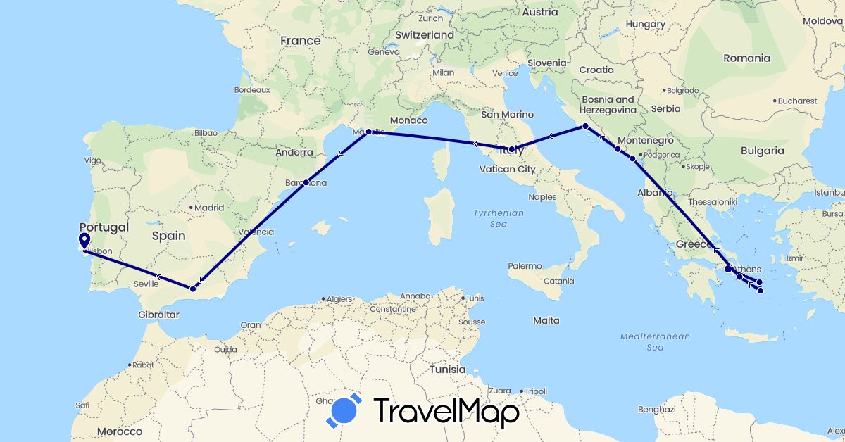TravelMap itinerary: driving in Spain, France, Greece, Croatia, Italy, Montenegro, Portugal (Europe)